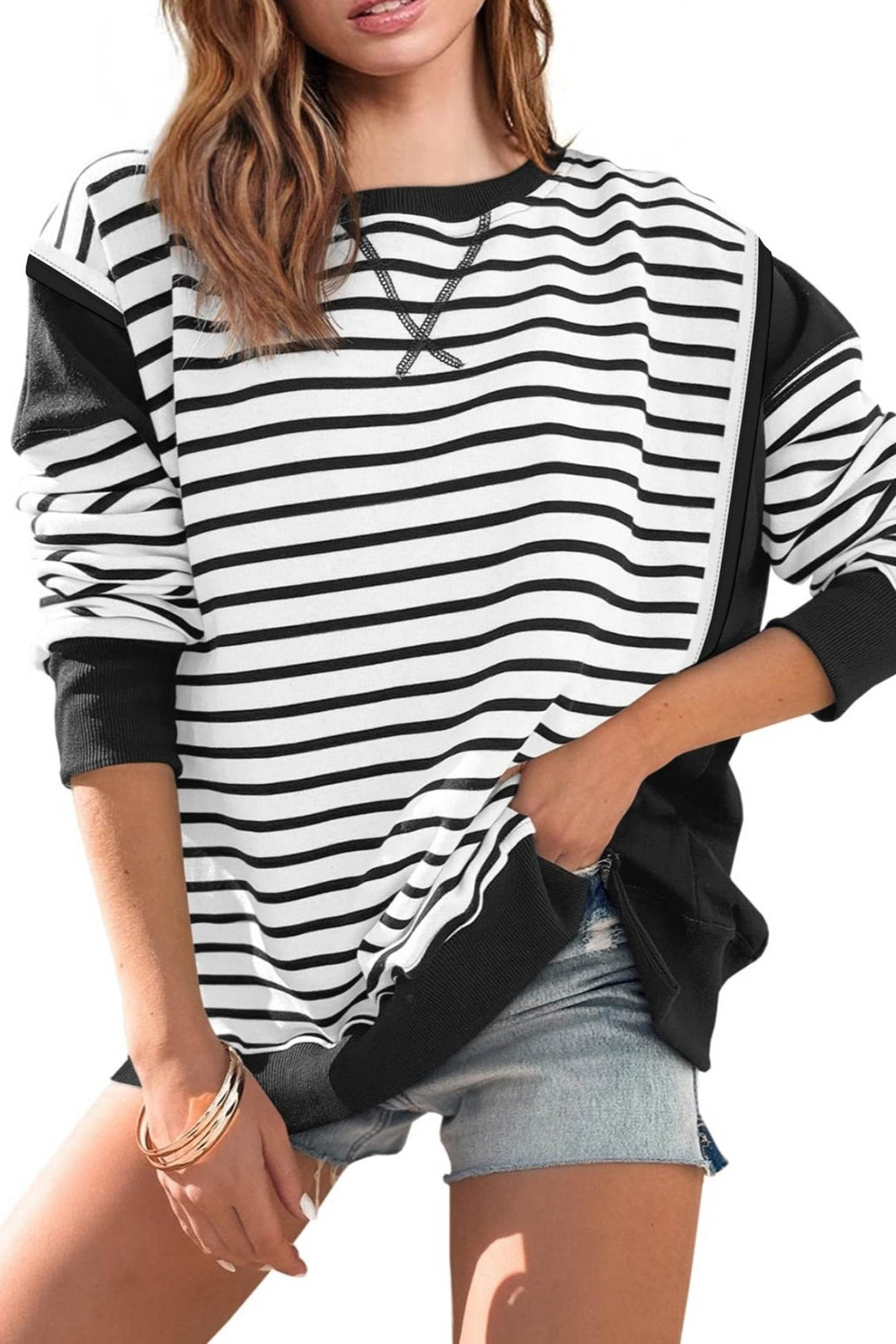 Stilla | Svedtrøje Rund hals Patchwork Stribet