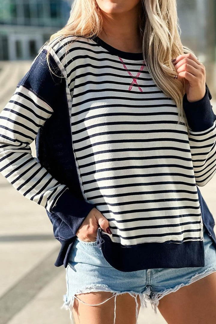 Stilla | Svedtrøje Rund hals Patchwork Stribet