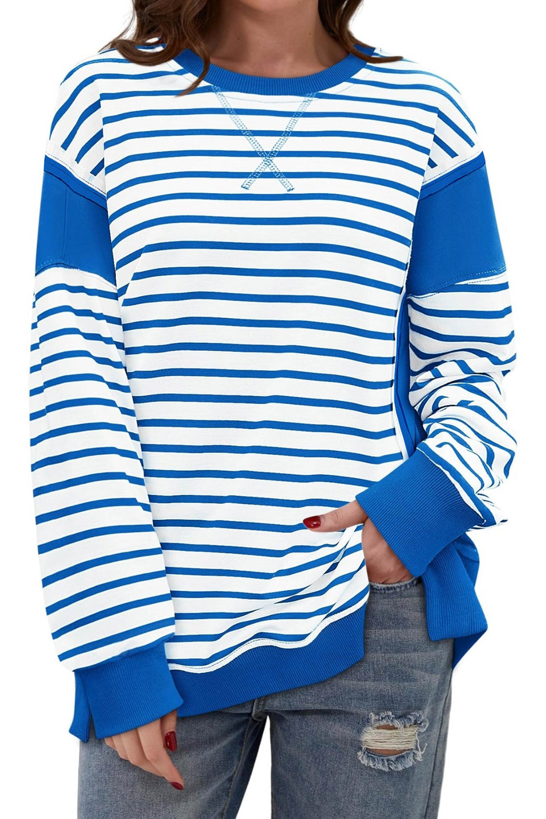 Stilla | Svedtrøje Rund hals Patchwork Stribet