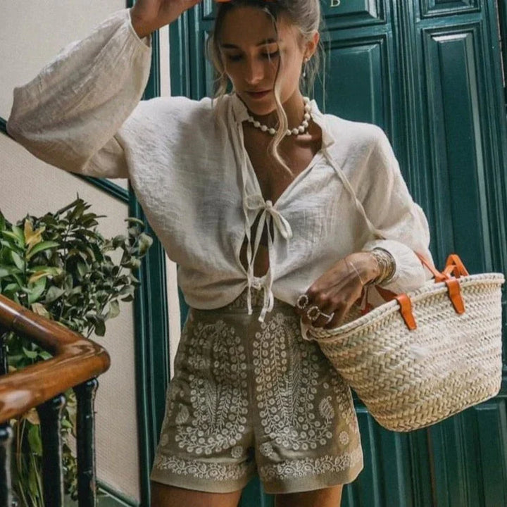 Stilla | Linned Shorts Med Blomsterbroderi