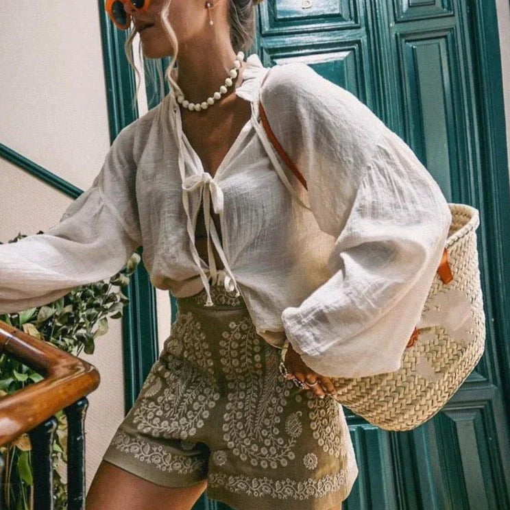 Stilla | Linned Shorts Med Blomsterbroderi