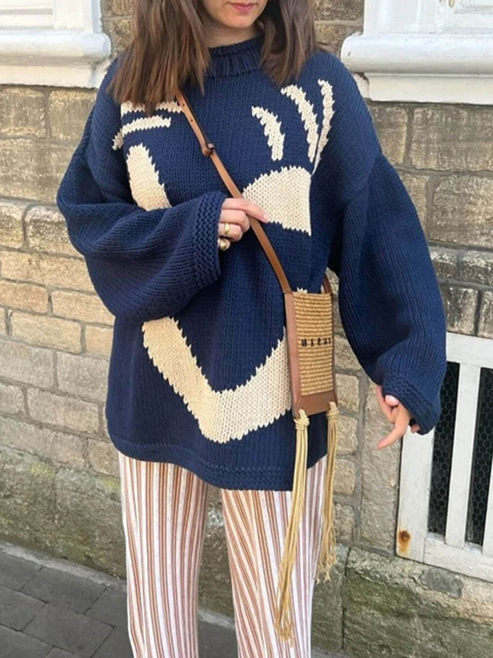 Stilla | Strikpullover I Kunstnerstil - Behagelig Fritidsjumper med Abstrakt Ansigtmønster