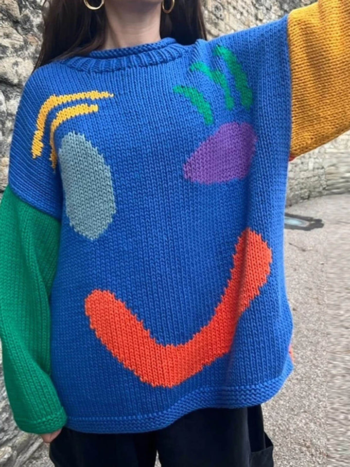 Stilla | Strikpullover I Kunstnerstil - Behagelig Fritidsjumper med Abstrakt Ansigtmønster