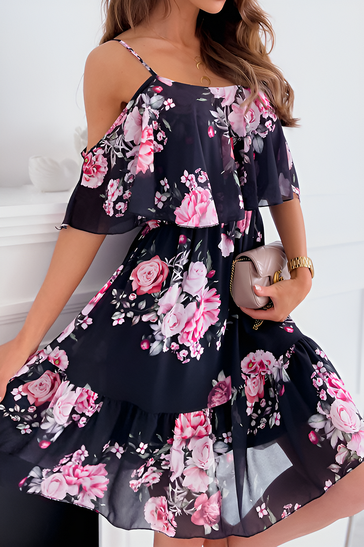 Stilla | Strapless Chiffon Kjole Med Off-the-shoulder Print