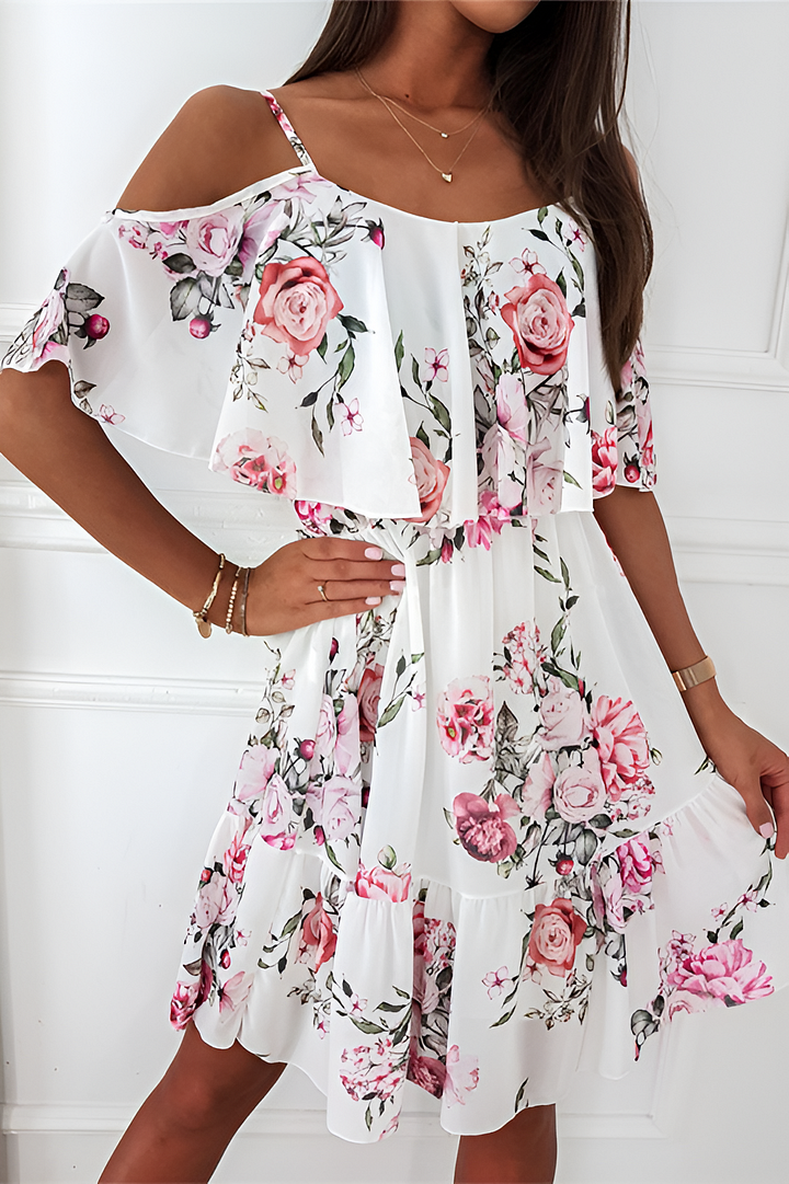 Stilla | Strapless Chiffon Kjole Med Off-the-shoulder Print