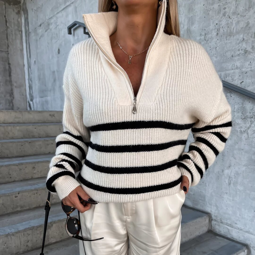 Stilla | Stribet Strikpullover Med Lynlås