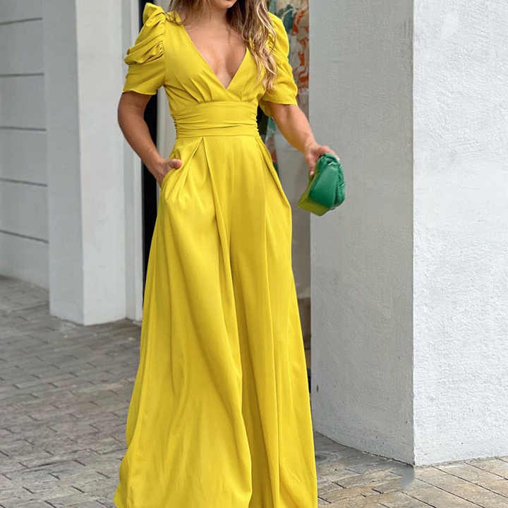 Stilla | Elegant V-hals Jumpsuit Med Puffærmer Til Stilfulde Kvinder