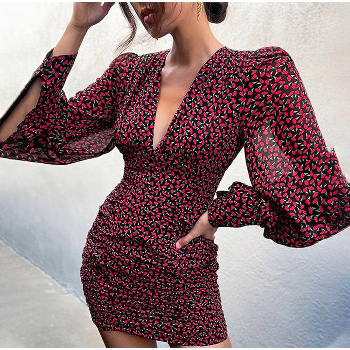 Stilla | Deep V-hals Lange Ærme Blomster Mini Kjole