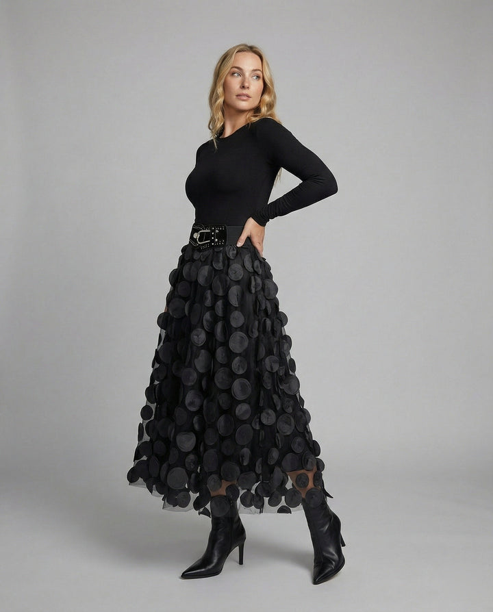 Dame nederdel i tyl & polka-dot materiale med patchwork-design & smart look Stilla