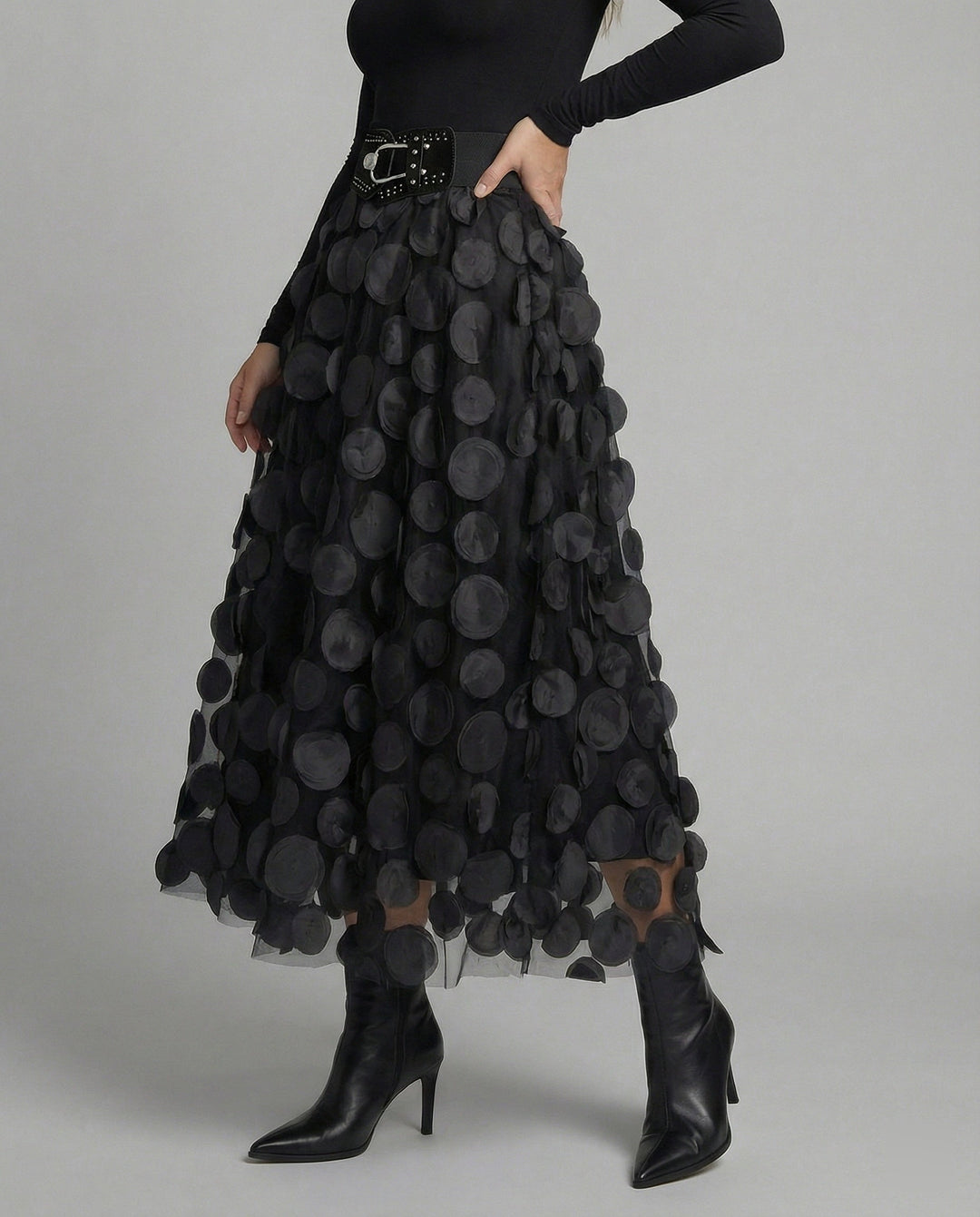 Dame nederdel i tyl & polka-dot materiale med patchwork-design & smart look Stilla