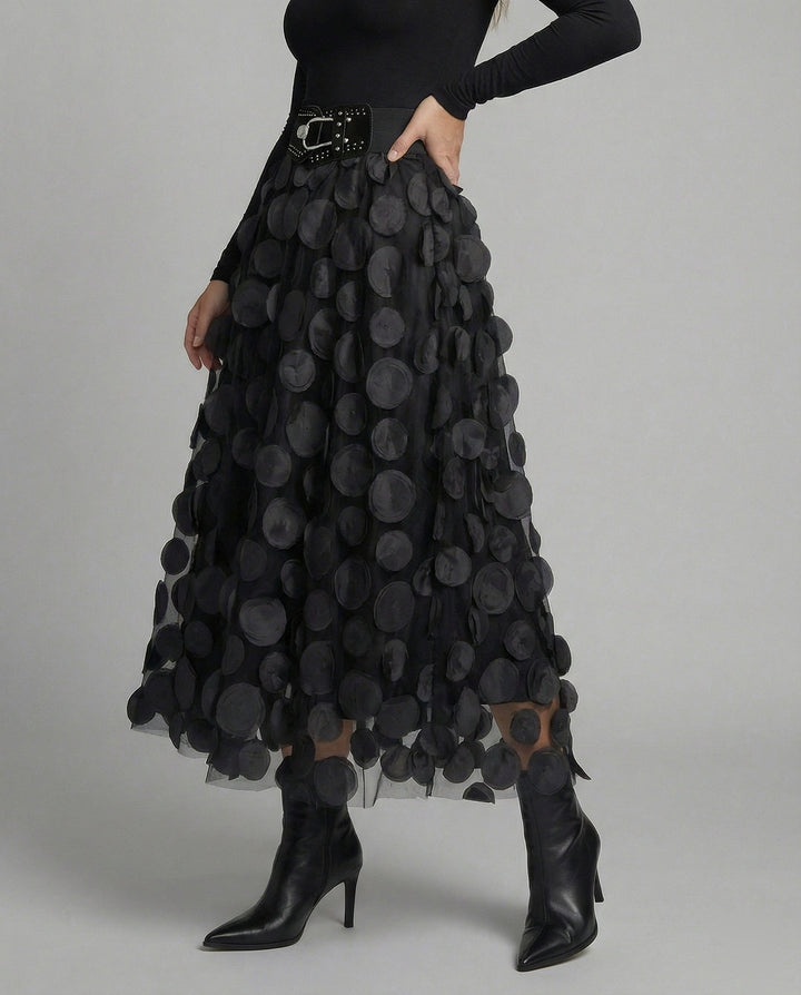 Dame nederdel i tyl & polka-dot materiale med patchwork-design & smart look Stilla