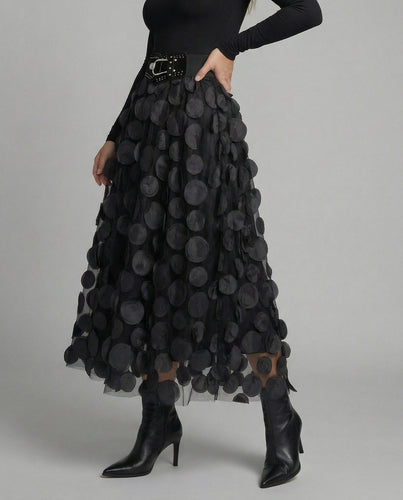 Dame nederdel i tyl & polka-dot materiale med patchwork-design & smart look Stilla