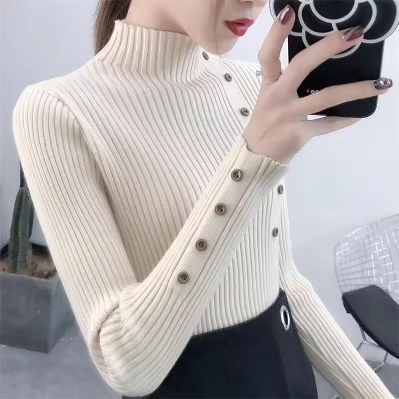 Stilla | Elegant Pullover Med Ribbet Knapper