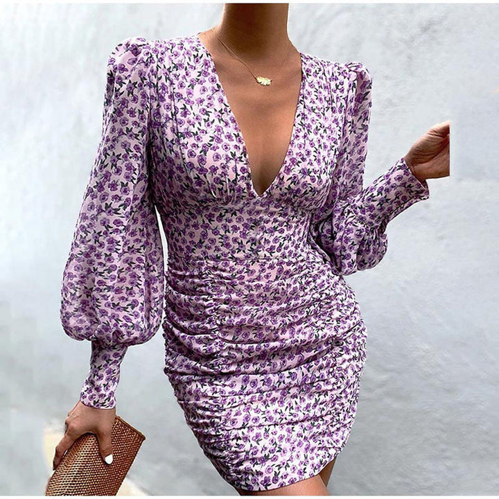 Stilla | Deep V-hals Lange Ærme Blomster Mini Kjole