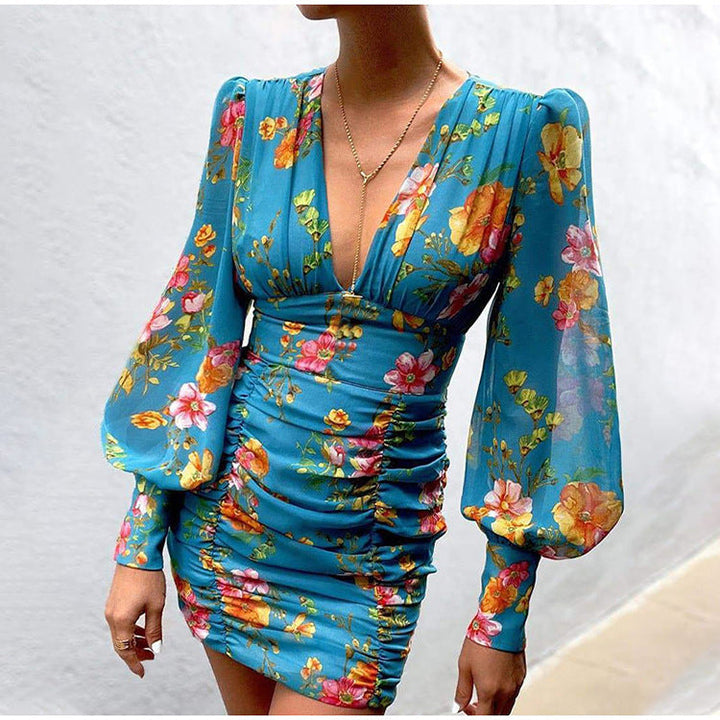 Stilla | Deep V-hals Lange Ærme Blomster Mini Kjole