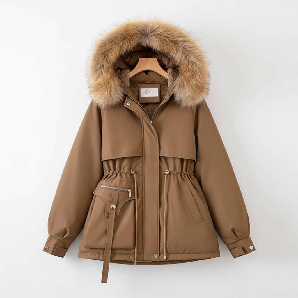 Stilla | Dameparka med pelsforet hætte og justerbar talje Store størrelser