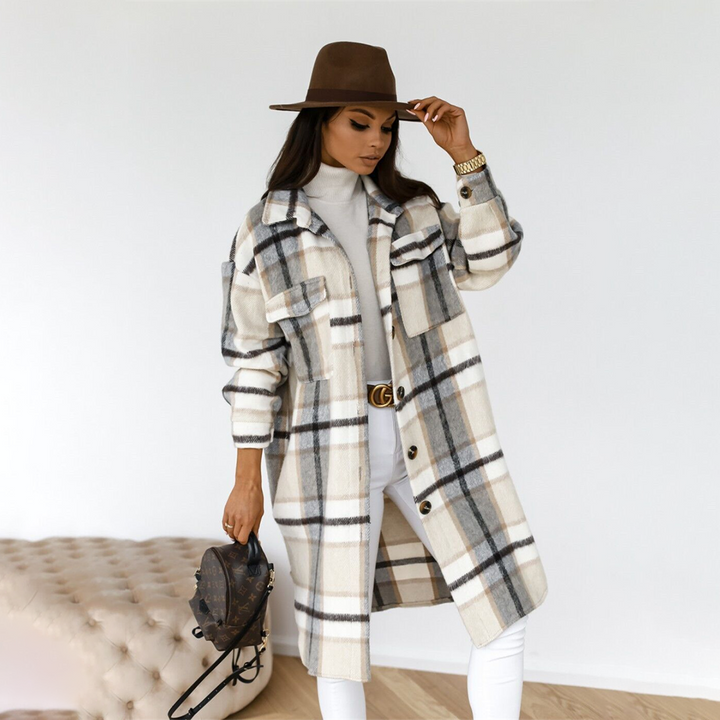 Stilla | Frakke – Ternet plaid med knaplukning