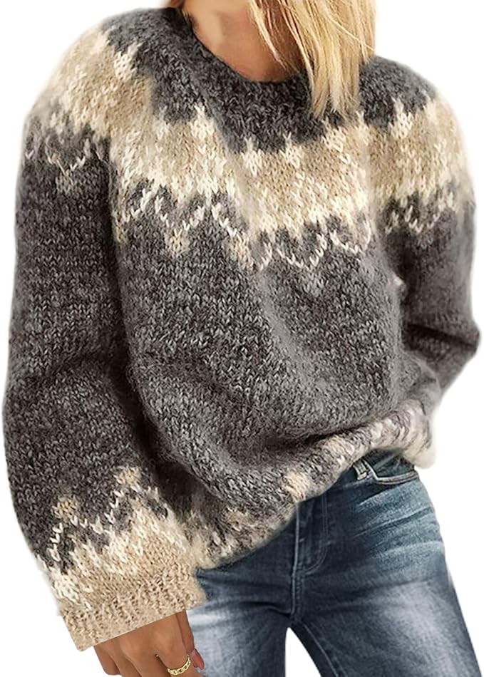 Stilla | Årgang Fair Isle Trøje Overstørrelse, Blødt Fleece, Lange Ærmer, Varm Crewneck