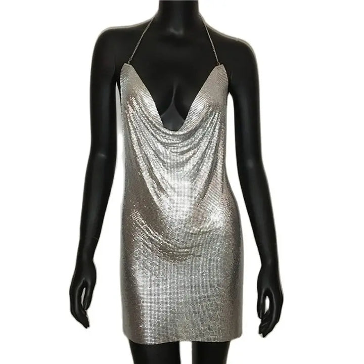 Stilla | Metallic Rygfri Mini Kjole