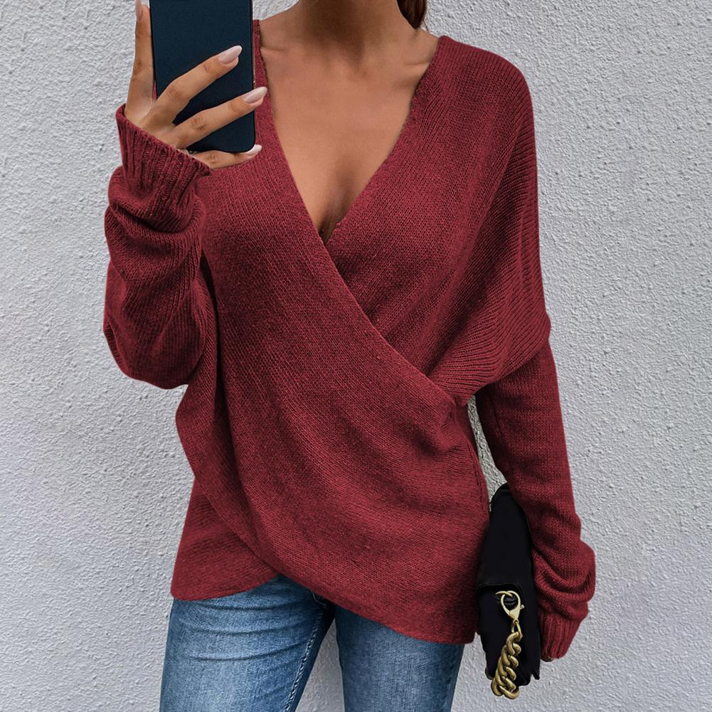 Stilla | Modepullover Langærmet Pullover Med Dybt V-udskæring Til Kvinder I En Ensfarvet Striklook Til Casual Mode I Krydstrik.