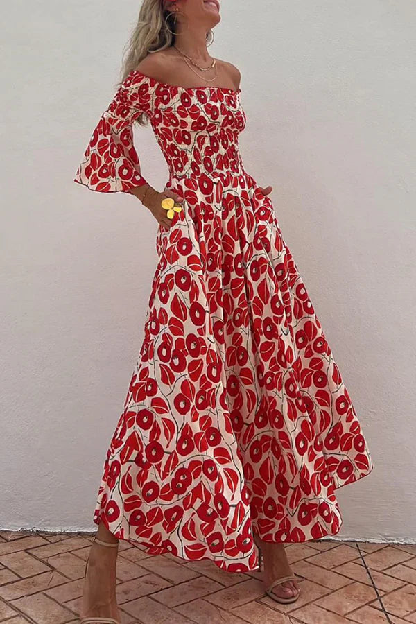 Stilla | Smocked Maxi Kjole Med Blomsterprint Og Off-the-shoulder Lommer
