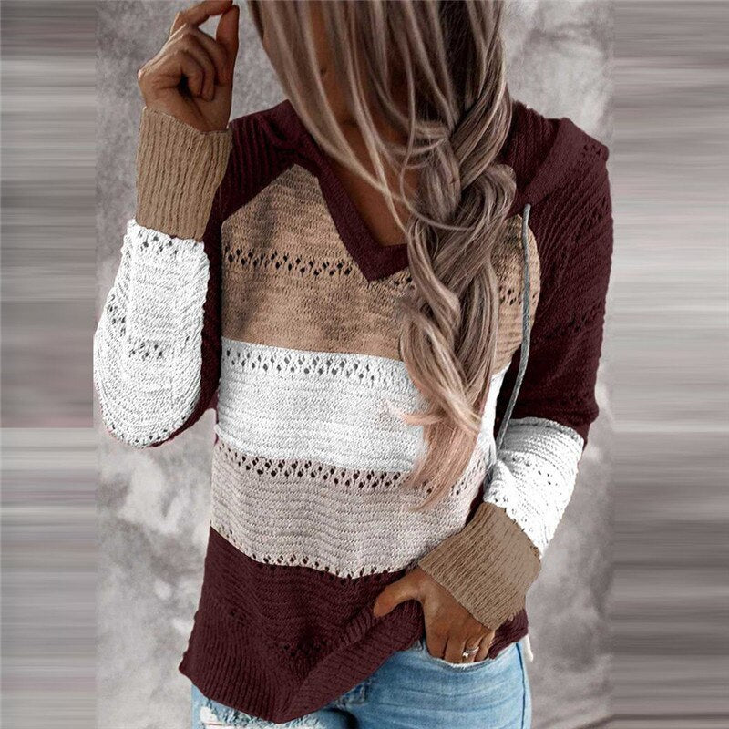 Stilla | Patchwork Hoodie Beqvem Strikpullover Med Enkel Horisontal Design