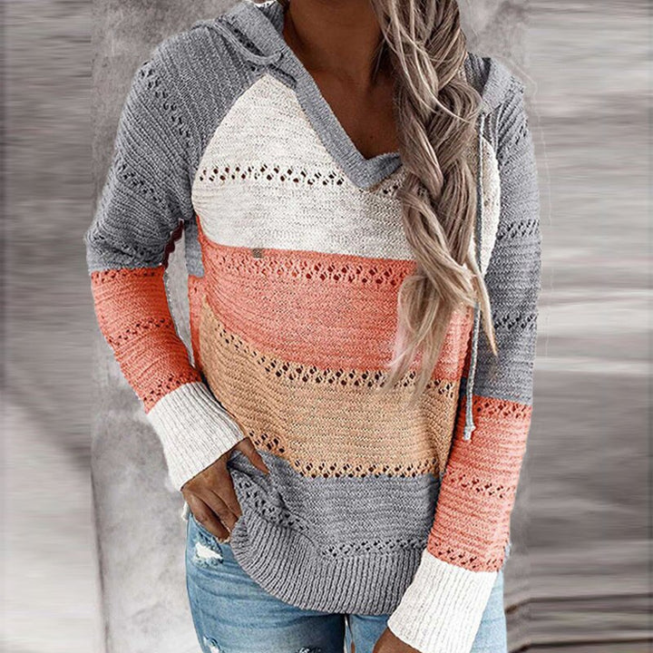 Stilla | Patchwork Hoodie Beqvem Strikpullover Med Enkel Horisontal Design