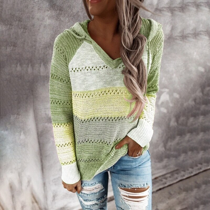 Stilla | Patchwork Hoodie Beqvem Strikpullover Med Enkel Horisontal Design