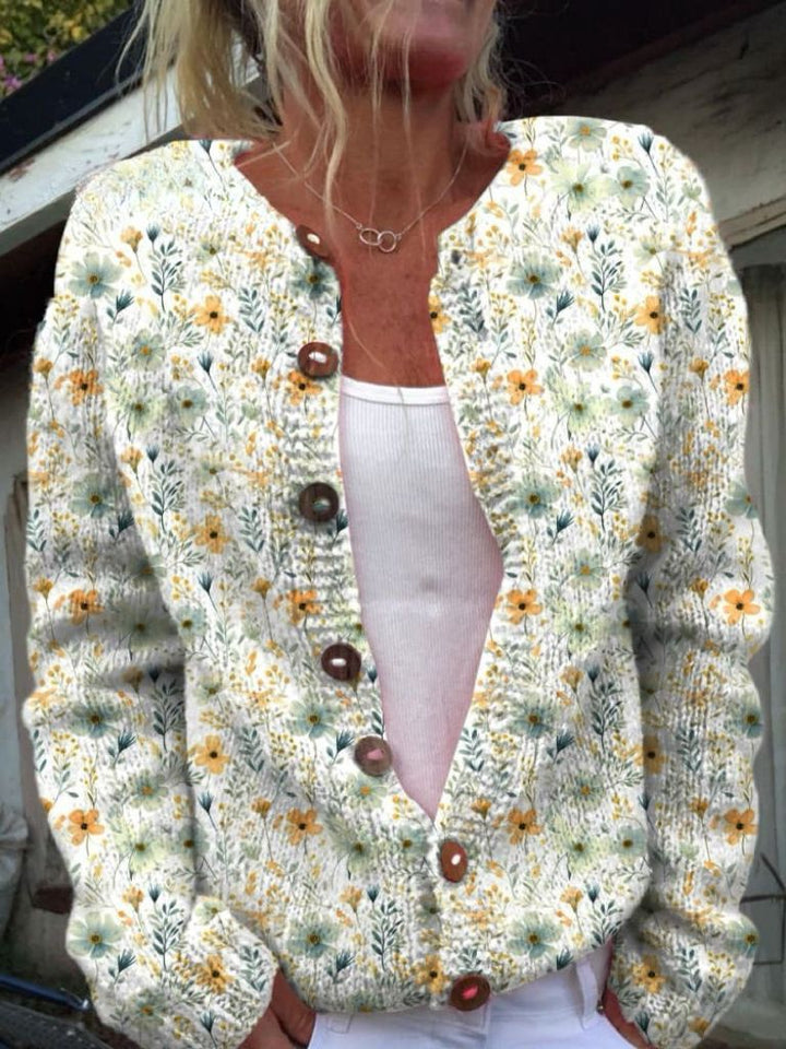 Stilla | Cooler Strikjakke Med Lange Ærmer og Blomsterprint