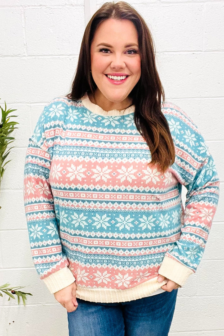 Stilla | Pullover i Tvistet Hacci Strik i Sne Hvid Med Nordic Fair Isle Tryk