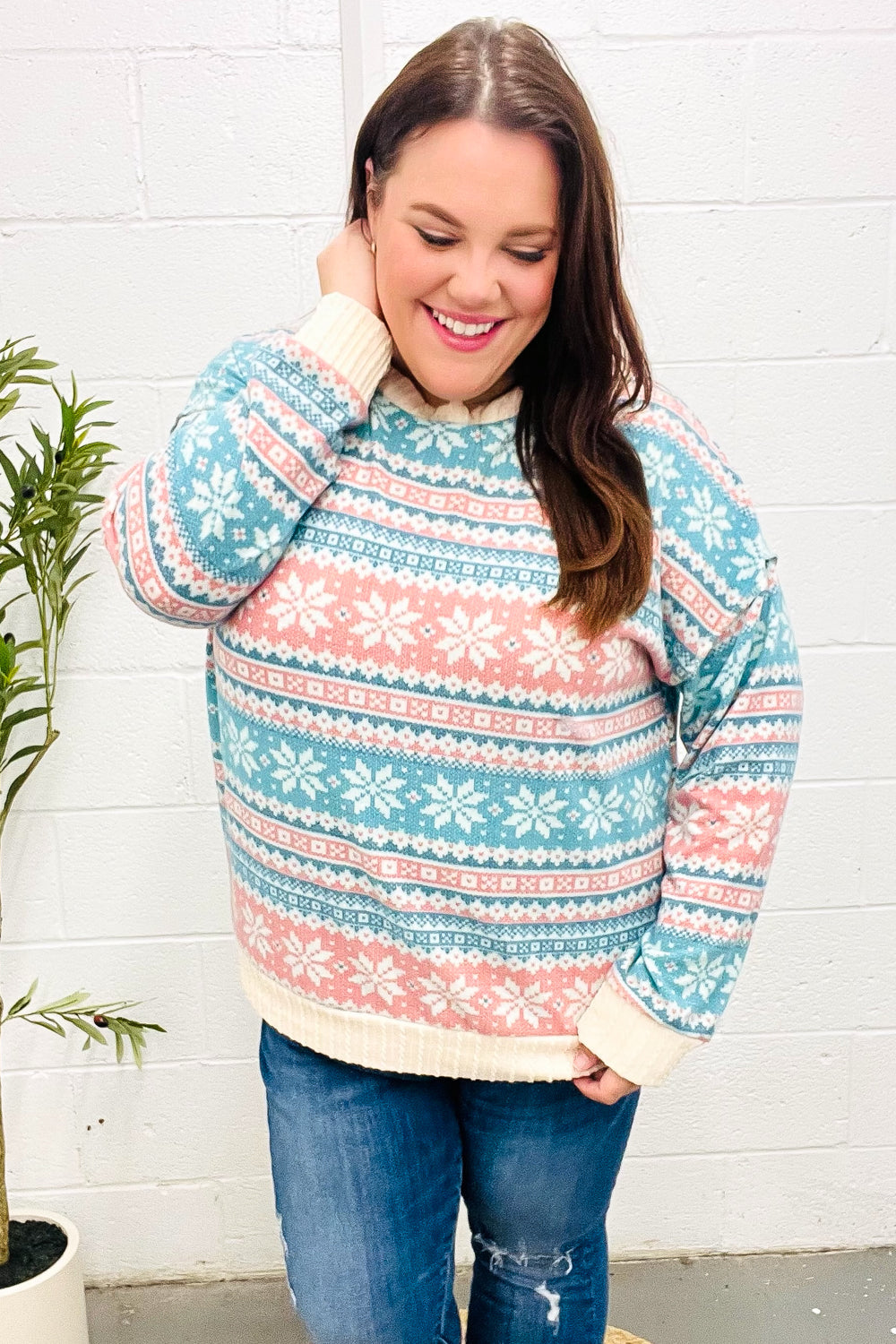 Stilla | Pullover i Tvistet Hacci Strik i Sne Hvid Med Nordic Fair Isle Tryk