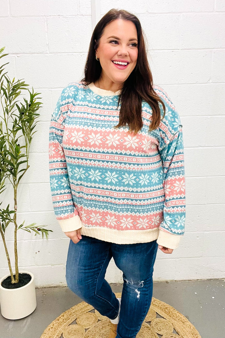 Stilla | Pullover i Tvistet Hacci Strik i Sne Hvid Med Nordic Fair Isle Tryk
