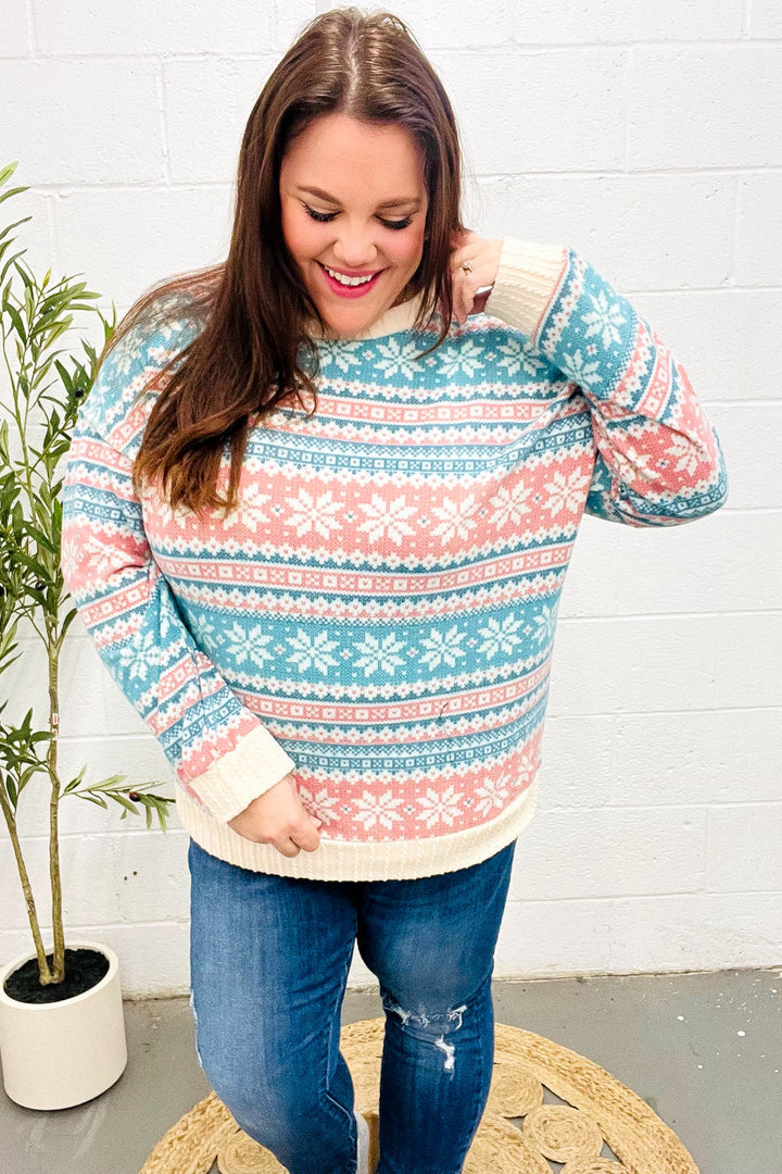 Stilla | Pullover i Tvistet Hacci Strik i Sne Hvid Med Nordic Fair Isle Tryk