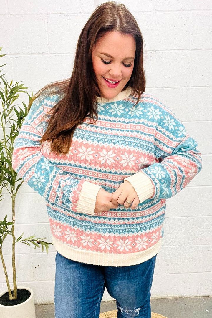 Stilla | Pullover i Tvistet Hacci Strik i Sne Hvid Med Nordic Fair Isle Tryk