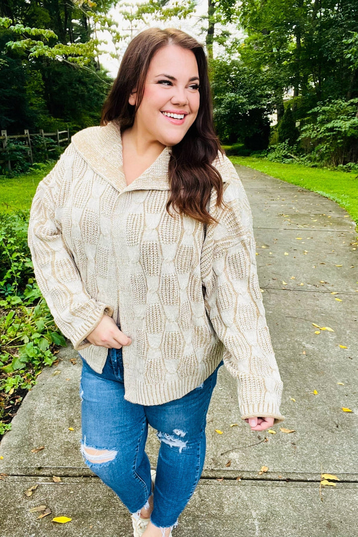 Stilla | Strikjakke Af Struktureret, Drejet Strik Autumn Vibes Taupe Med Krave