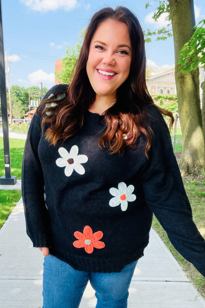 Stilla | Overstørrelse Sweater Af Sort Strik Med Blomsterpatch