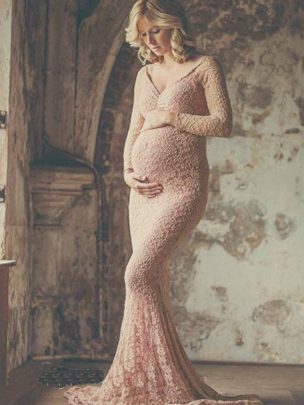 Stilla | Lang Mermaid Kjole in Tætsiddende Blonde Til Babyshower
