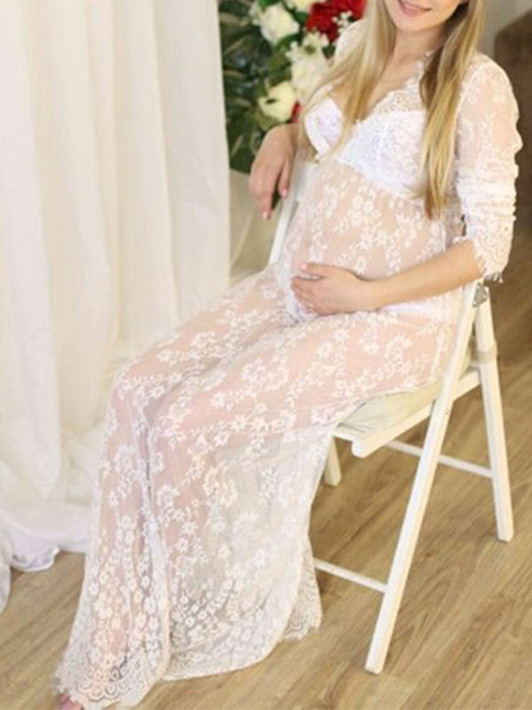 Stilla | Elegante Lang Premaman Kjole Med Lange Ærmer Og Dyb Blondeudskæring
