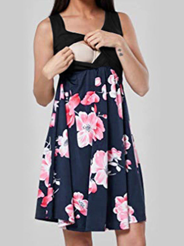 Stilla | Mini Kjole Blomstret Print Skære En Linje Rund Hals Mode Chic Kjole Linje Graviditetskjole