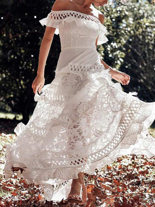 Stilla | Kjole Til Gravide for Off the Shoulder Lace Cut Out Dresses of White Broderie Anglaise Elegante Boat Neckline Dress