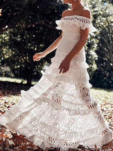 Stilla | Kjole Til Gravide for Off the Shoulder Lace Cut Out Dresses of White Broderie Anglaise Elegante Boat Neckline Dress