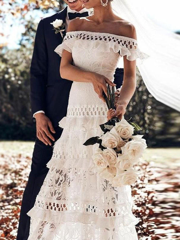 Stilla | Kjole Til Gravide for Off the Shoulder Lace Cut Out Dresses of White Broderie Anglaise Elegante Boat Neckline Dress