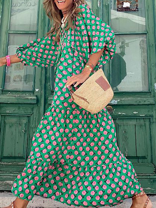 Stilla | Gravidkjole Til Kvinder a Formet Kjole Maxi Grøn Langærmet Blomstret Print Forår Sommer a V-uformel Boho Bred