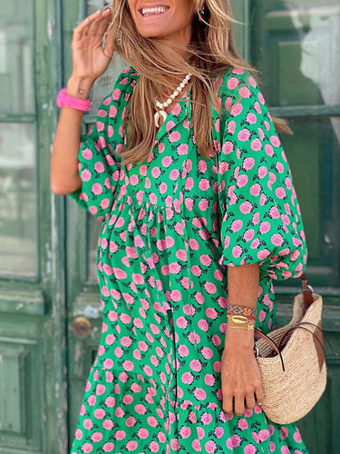 Stilla | Gravidkjole Til Kvinder a Formet Kjole Maxi Grøn Langærmet Blomstret Print Forår Sommer a V-uformel Boho Bred