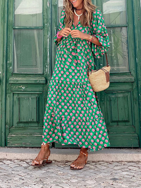 Stilla | Gravidkjole Til Kvinder a Formet Kjole Maxi Grøn Langærmet Blomstret Print Forår Sommer a V-uformel Boho Bred