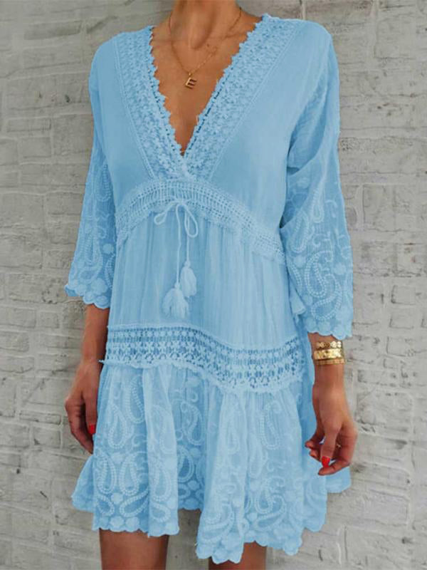 Stilla | Kjole Lang Patchwork Blonde Snøre Frynse V-hals Boheme Mødreskjole