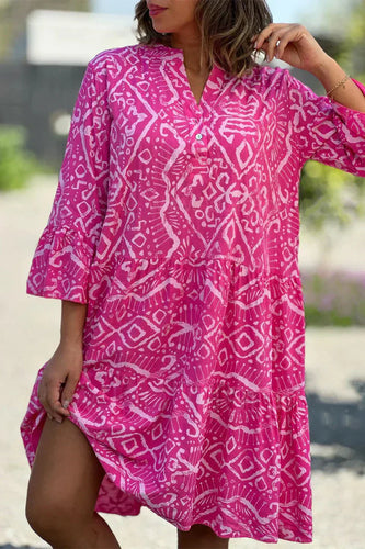 Stilla | Casual Kjole Med Geometrisk Print Og Knapper, V-hals, Kage Skørt