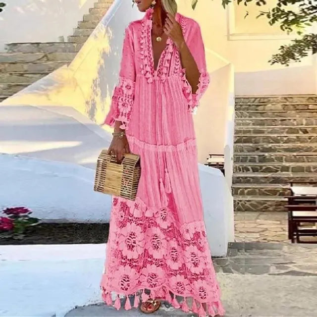Stilla | Lang boho kjole med blonde og kvaster