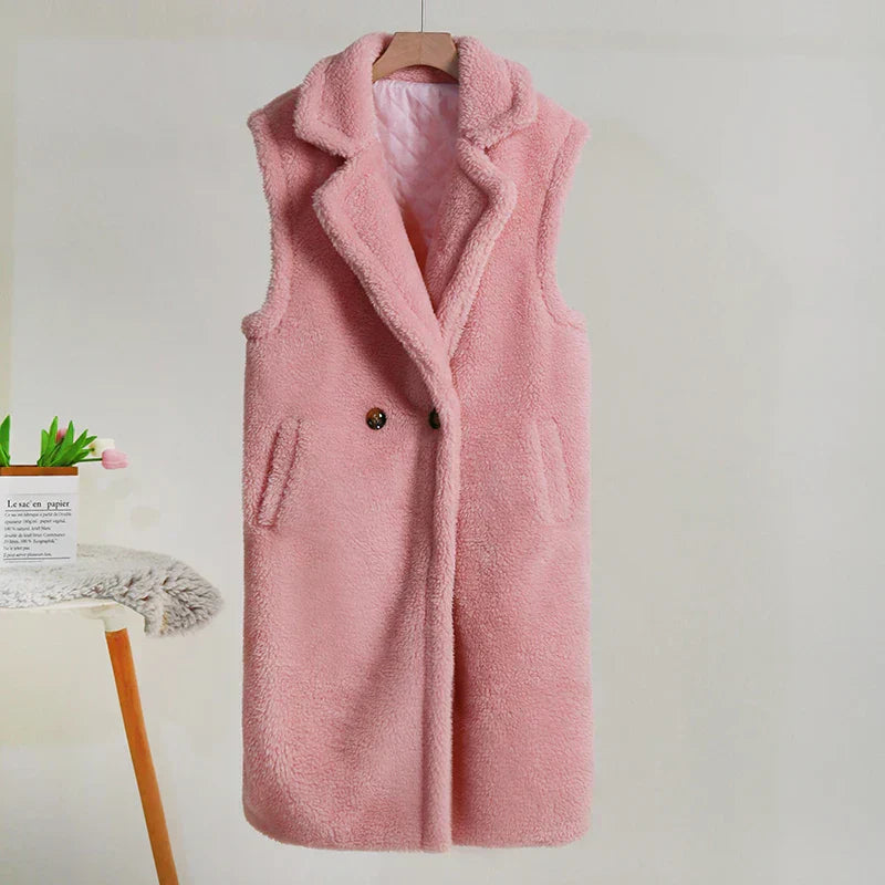 Stilla | Teddy Vest Uden Ærmer Størrelse Plus Pasform Plydsstruktur Mellemlang Store Revers