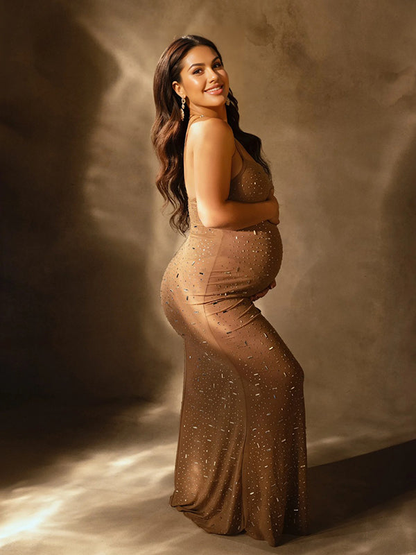 Stilla | Abrikos Transparent Strass Underkjole Den Mode Tynd Fest Maxi Kjoler Fotografering Premaman